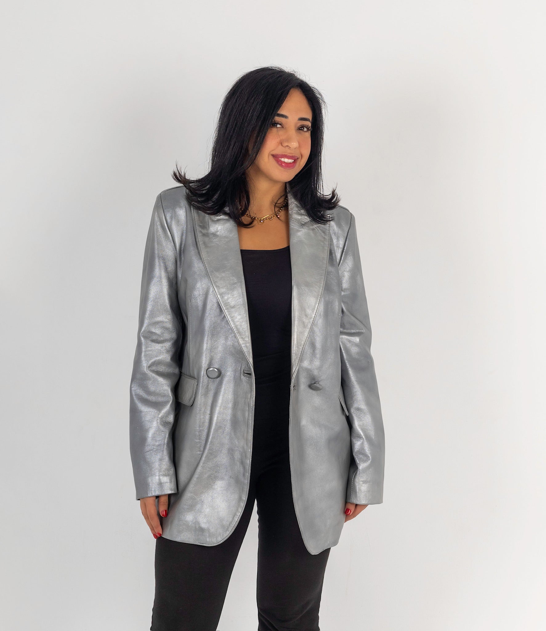 The Genuine Grace – Metallic Silver Leather Blazer
Double-breasted