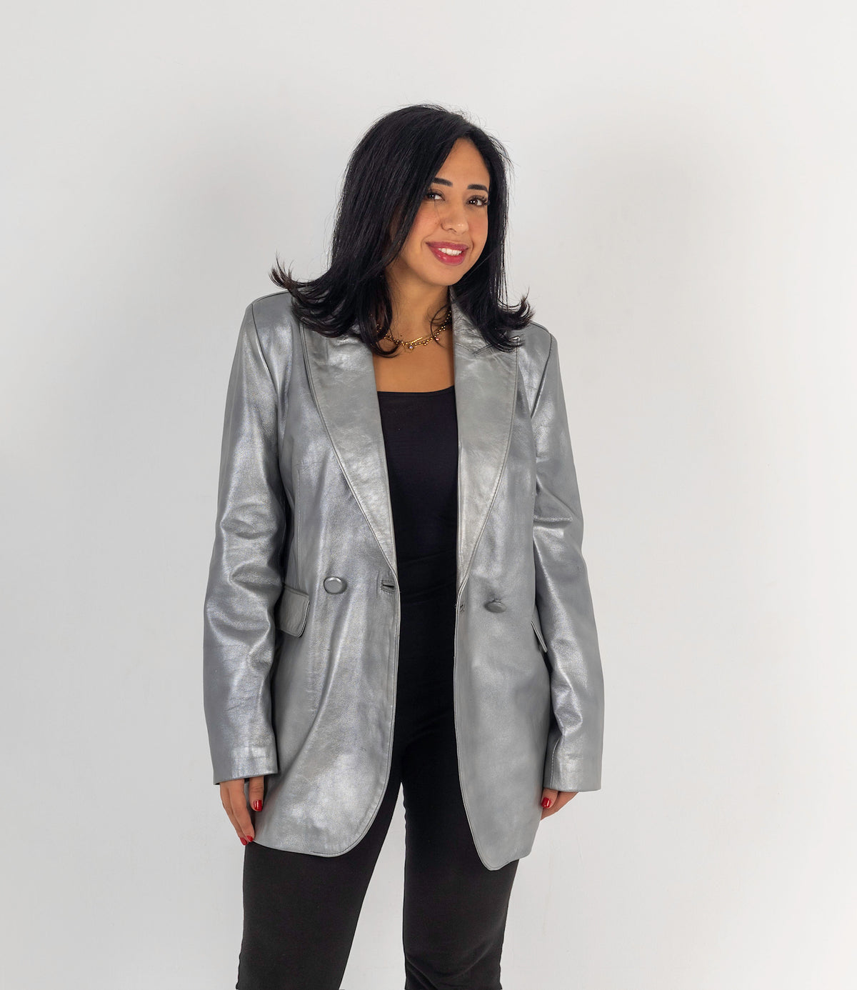 The Genuine Grace – Metallic Silver Leather Blazer
Double-breasted