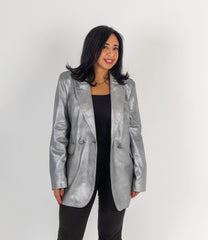 The Genuine Grace – Metallic Silver Leather Blazer
Double-breasted