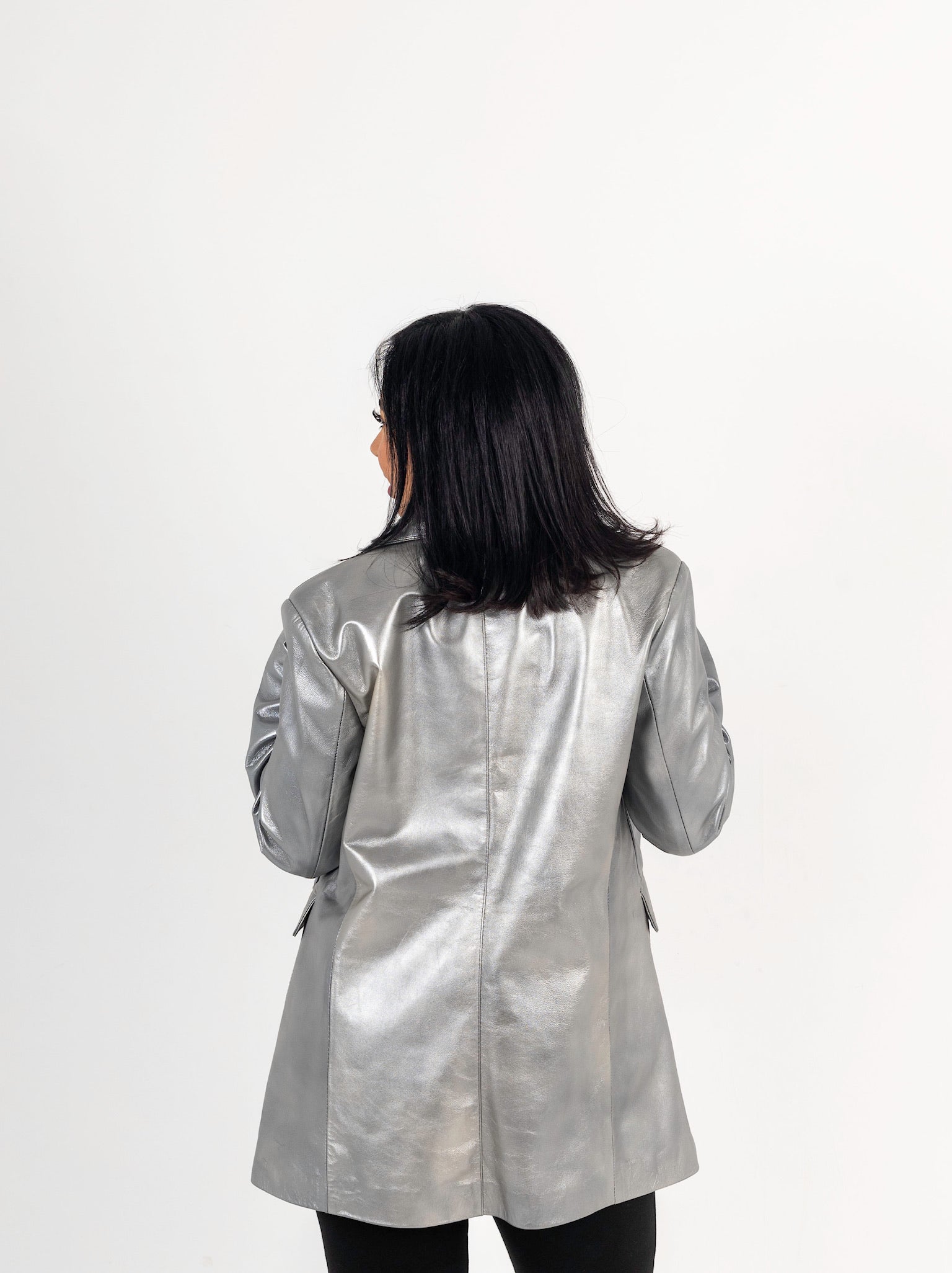 The Genuine Grace – Metallic Silver Leather Blazer
Double-breasted