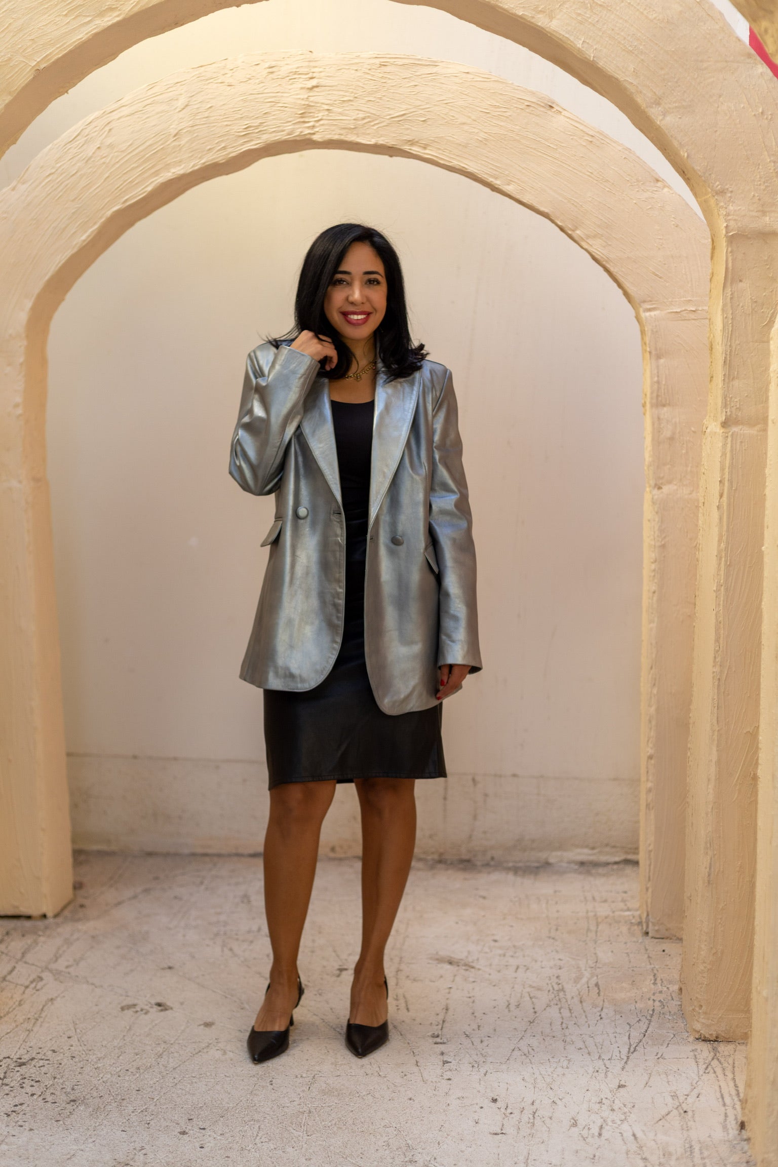 The Genuine Grace – Metallic Silver Leather Blazer
Double-breasted